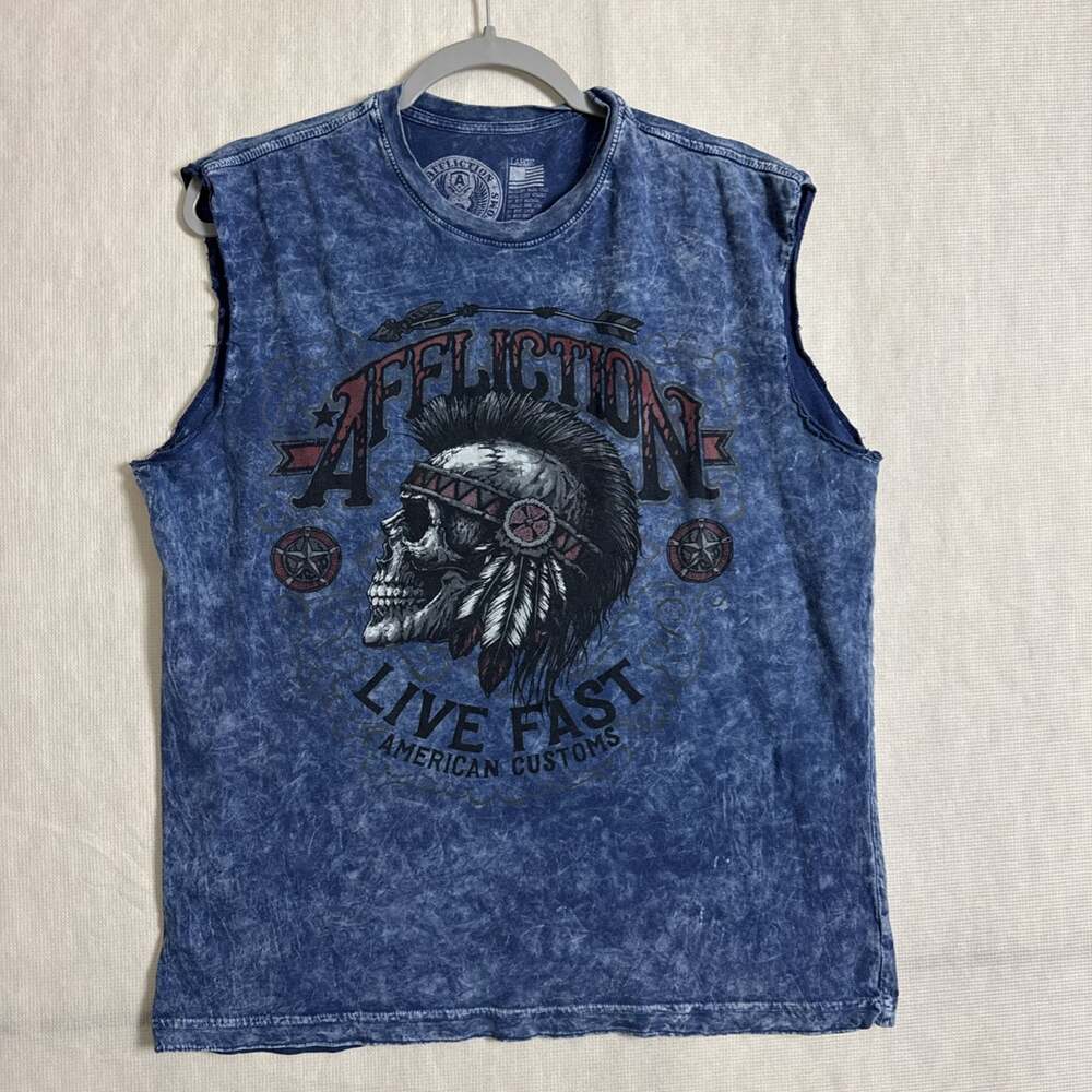 Affliction Men's Large Blue Cotton Acid Wash Cut Off Sleevless Muscle Tee